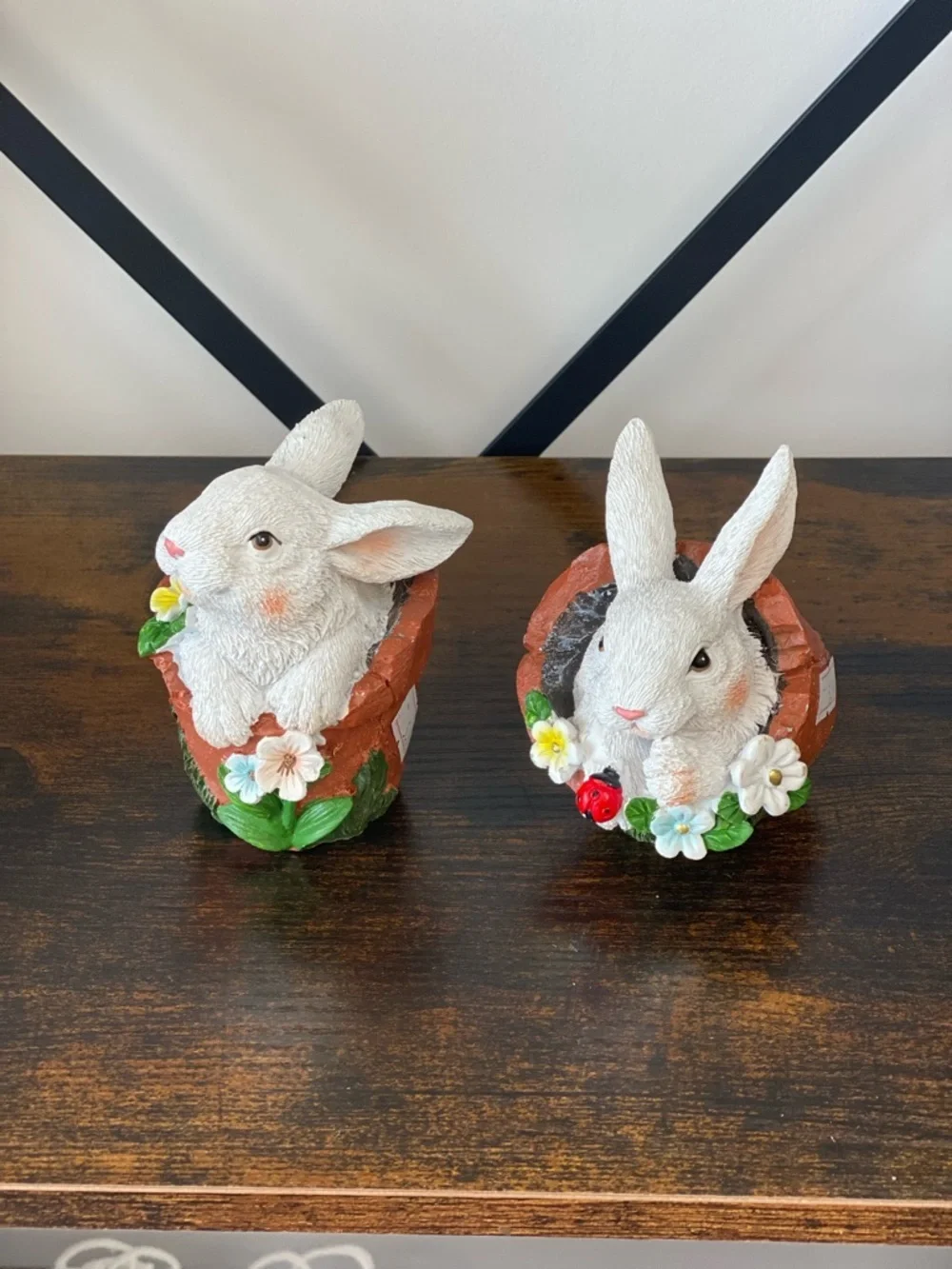 White Bunny Planter Figurines with Floral Accents - Set of 2